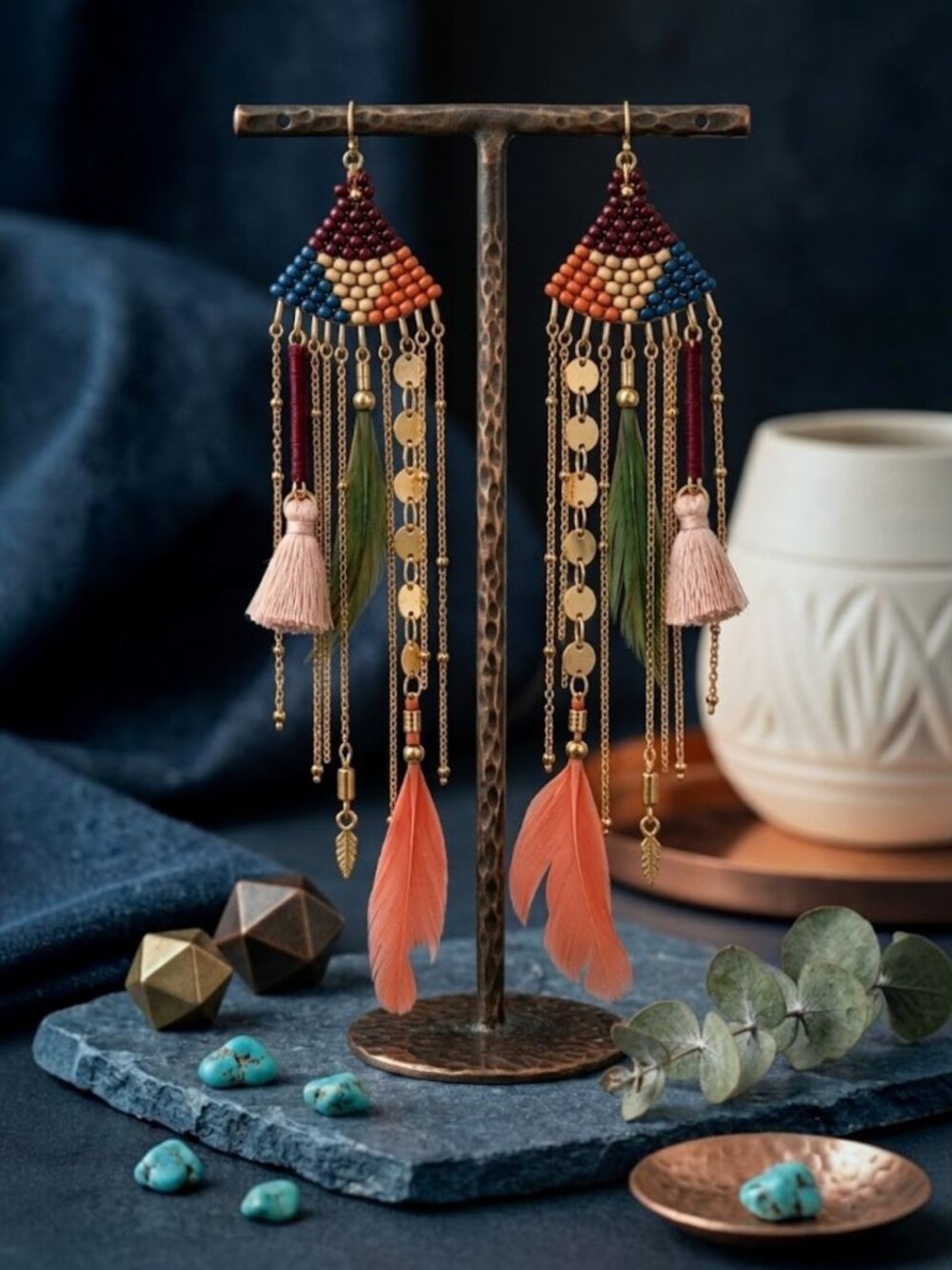 Beaded Feather Fringe Tassel Long Statement Earrings Boho Festival Western 4.4in